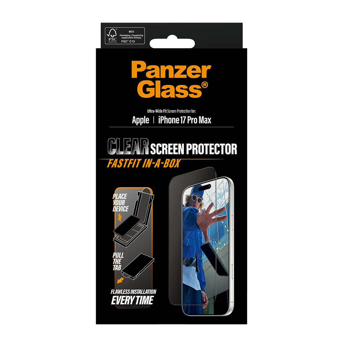 PanzerGlass® Skærmbeskyttelse iPhone 17 Pro Max | Ultra-Wide Fit m. FASTFIT IN-A-BOX